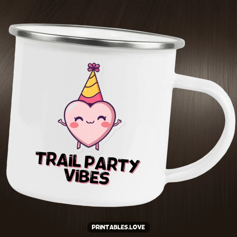Funny camping mug with a tiny heart wearing a party hat, spinning enthusiastically, ideal for outdoor celebrations.
