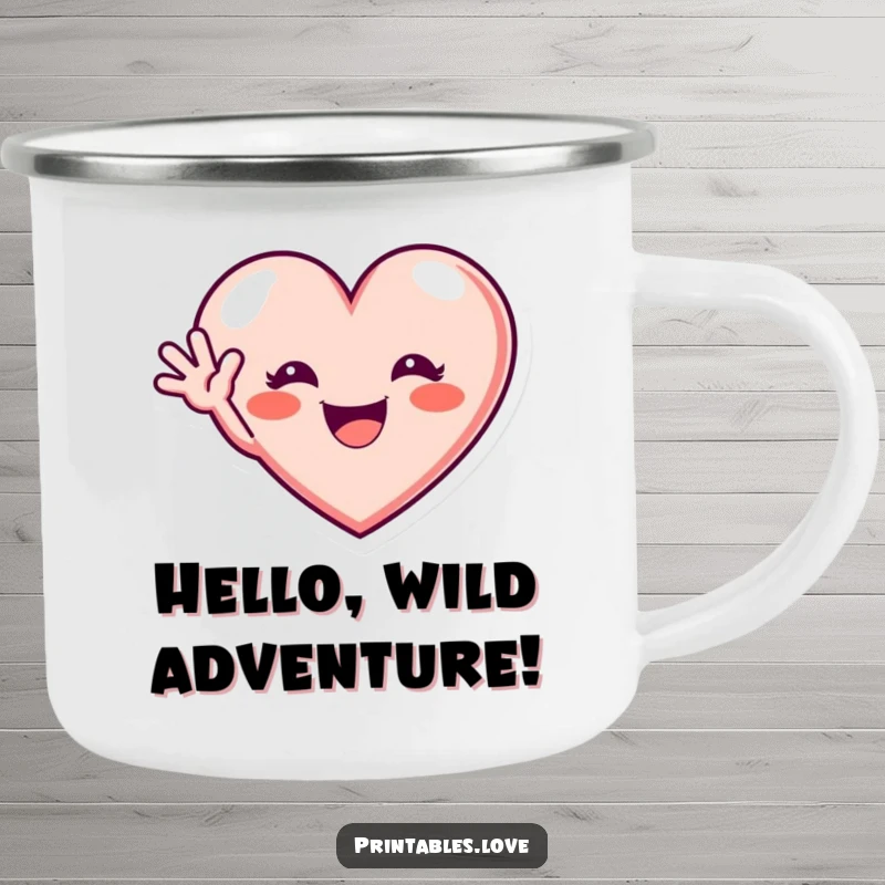 Funny camping mug with a heart showing an excited grin and waving hello, perfect for outdoor greetings and humor.