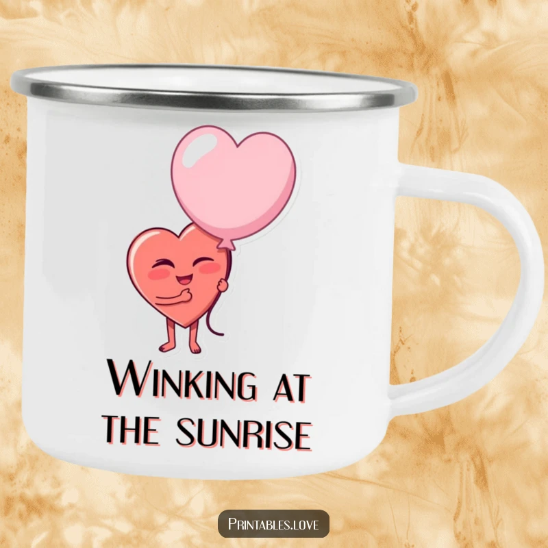 Funny camping mug showing a heart character winking playfully and holding a slightly deflated balloon, perfect for outdoor humor.