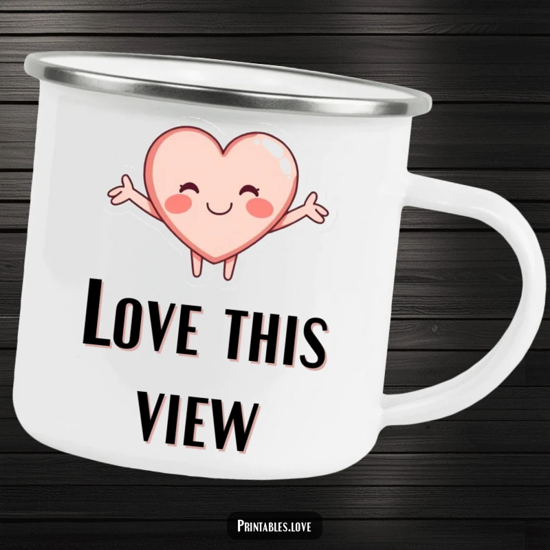 Funny camping mug featuring a heart character in a warm hug, designed for rugged adventures and cheerful drinks.