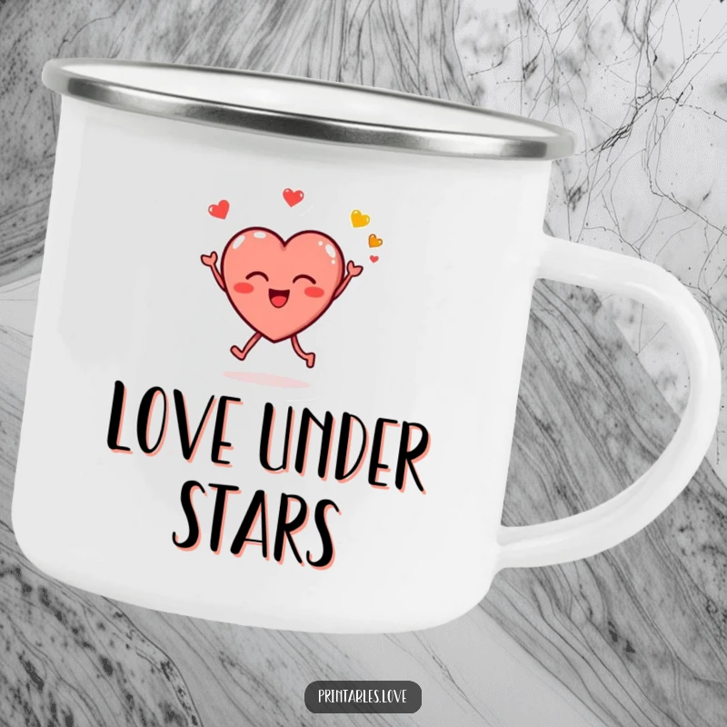 Funny enamel camping mug with a leaping heart character blowing kissy emojis, perfect for outdoor use with love and humor.