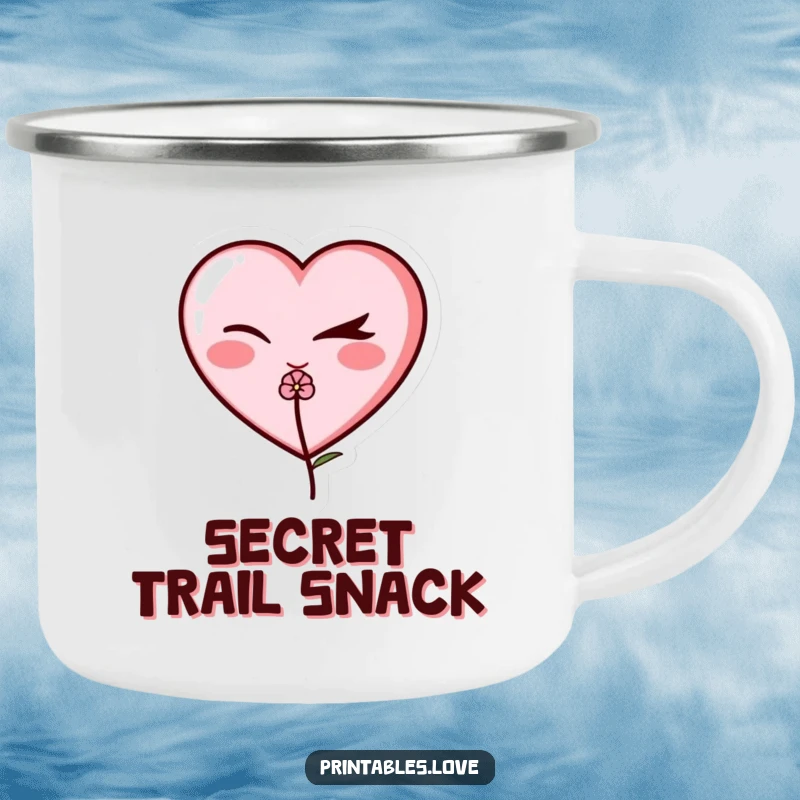Funny winking heart camping mug, a cute heart character with a sly wink holding a flower, perfect for outdoor enjoyment.