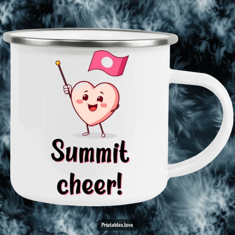 Funny camping mug with a smiling heart character enthusiastically waving a small flag, ideal for outdoor greetings.