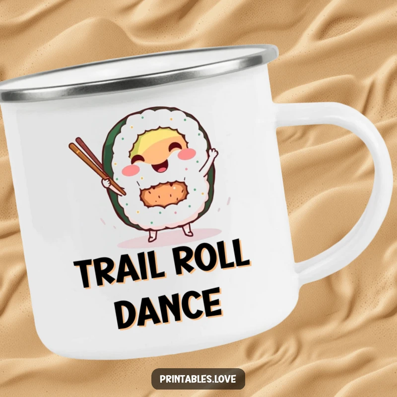 Funny sushi roll camping mug showing a smiling character dancing with chopsticks, perfect for outdoor meals and fun.