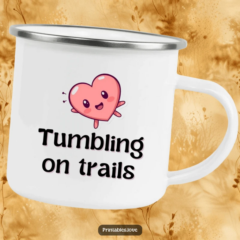 Funny tumbling heart character camping mug, showing a surprised expression while falling head over heels, ideal for outdoor drinks.