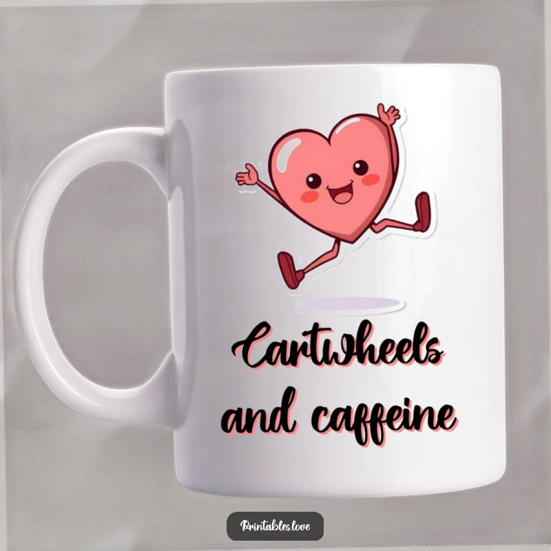 Funny heart mug, a lively cartoon heart character performing a cartwheel with a wide, happy expression, full of energy.