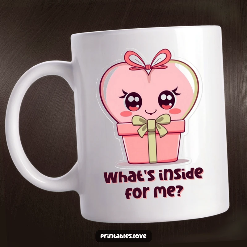 Funny mug showing a heart with big curious eyes peeking over a gift box, hinting at delightful surprises.
