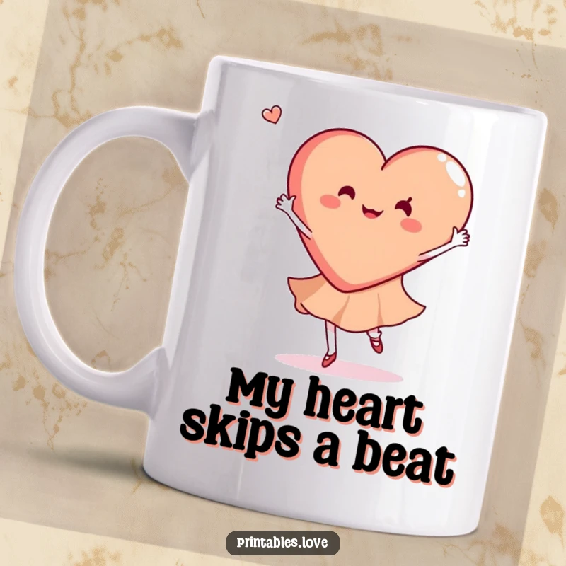 Funny mug with a heart gracefully doing a joyful dance twirl, radiating happiness and a playful spirit, perfect gift.