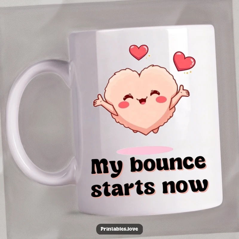 Funny mug featuring a small fluffy heart character bouncing with joy, arms outstretched, seeking affection from another heart.