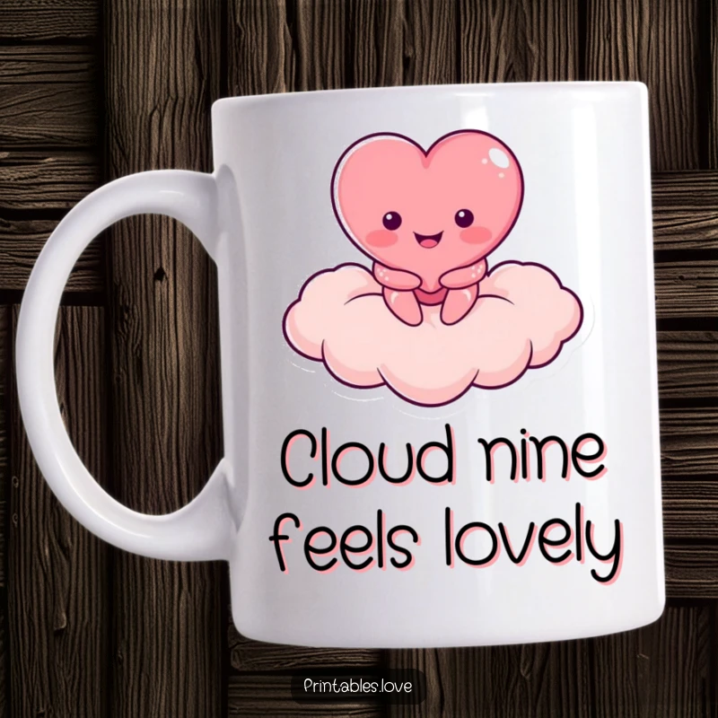 Funny mug shows a smiling heart character blissfully resting on a fluffy, heart-shaped cloud.