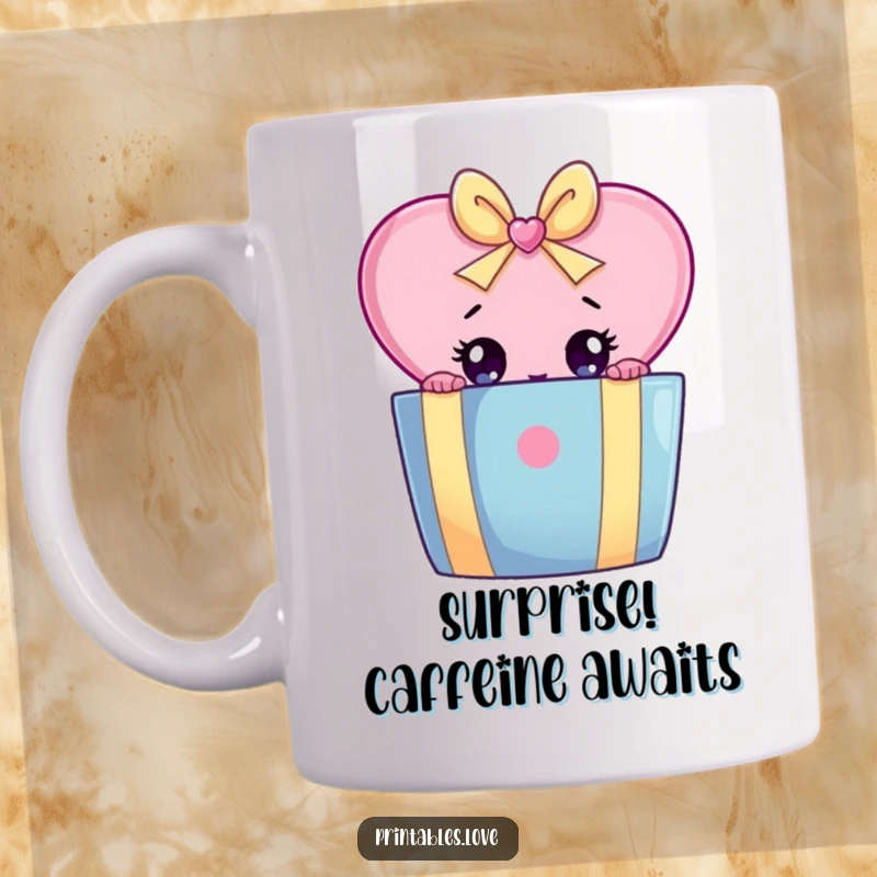 Funny mug showing a heart character with wide eyes cautiously peeking from behind a large, colorful gift box.