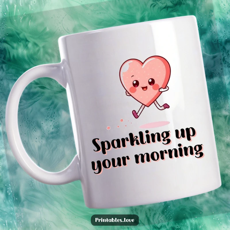Funny mug showcasing a happy heart character skipping joyfully, leaving a subtle trail of sparkles. A cheerful and uplifting gift.