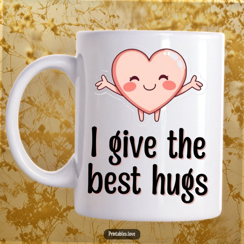 Funny mug showing a cute heart character with arms wide open, offering a warm, loving hug, perfect for expressing affection.