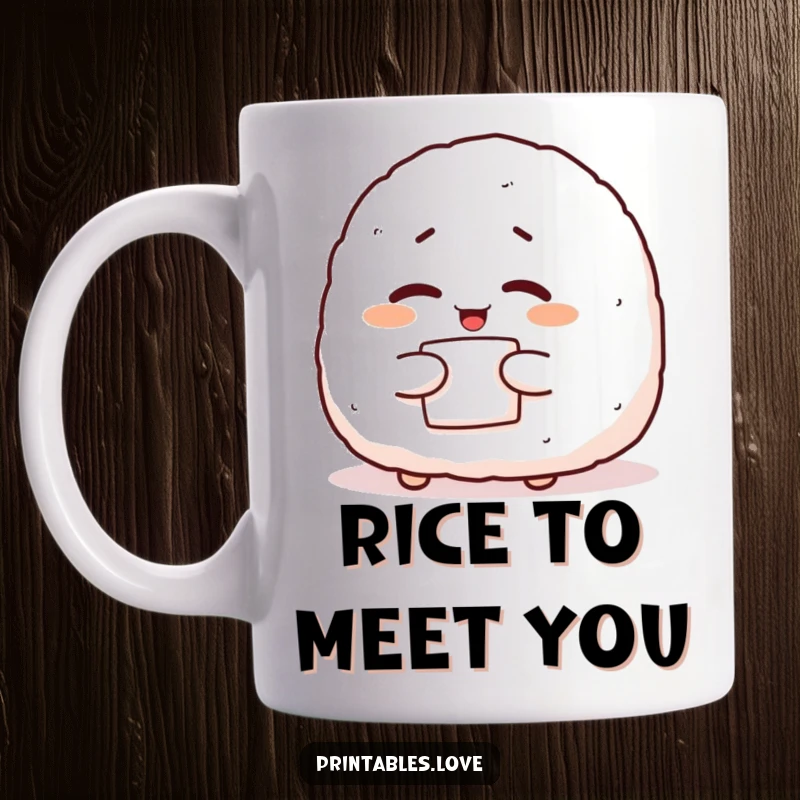 Funny onigiri mug with a giggling character winking with a piece of nori, representing playful Japanese snacks and humor.