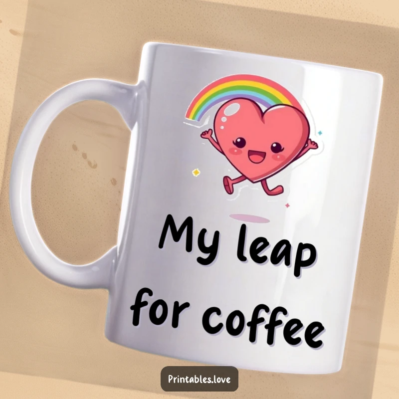 Funny mug showing a heart character leaping with excitement, trailing a colorful rainbow arc, celebrating pure joy and positivity.