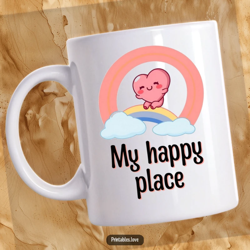 Funny mug showing a heart character with rosy cheeks joyfully sliding down a vibrant rainbow.