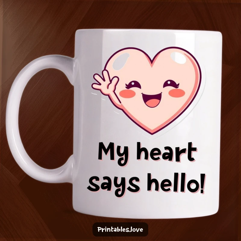 Funny mug with a heart boasting a wide, excited grin, happily waving hello, bringing joy and warmth, perfect gift.