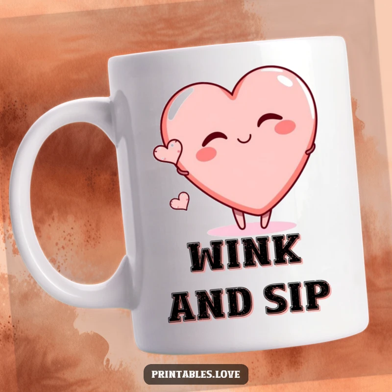 Funny mug with a large heart character playfully winking, with a tiny heart floating nearby, conveying charm and mischief.
