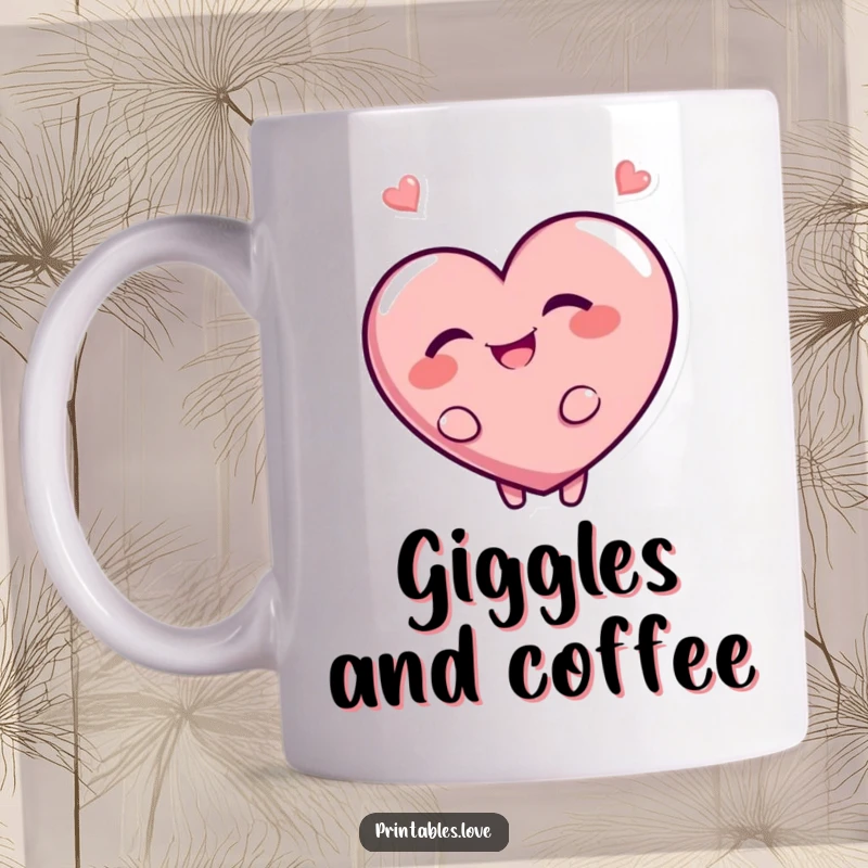 Funny mug showcasing a giggling heart character looking over its shoulder with a mischievous grin. A playful and humorous gift.