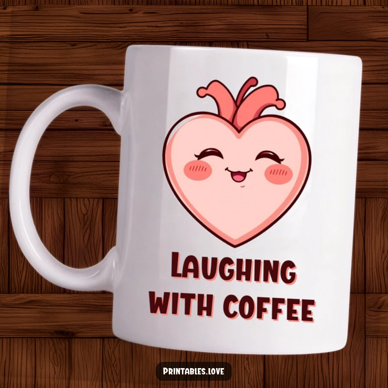 Funny Giggling Heart Mug with rosy cheeks, giggling uncontrollably with pure delight and radiating contagious happiness.