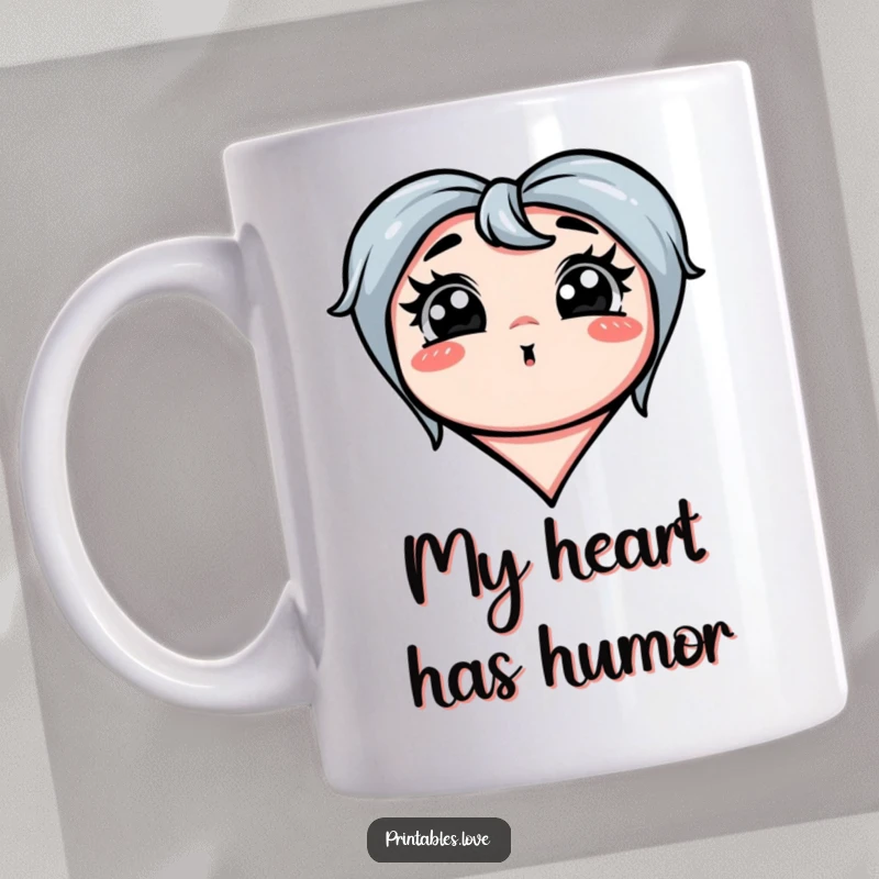 Funny mug with a heart making a truly funny, exaggerated silly face, radiating pure amusement and humor, perfect gift.