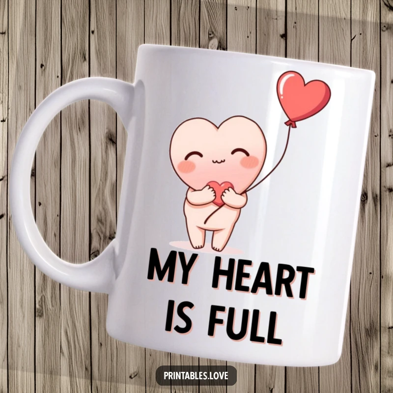 Funny mug with a heart blushing deeply and shyly holding a red heart balloon, conveying sweet and tender affection, perfect gift.