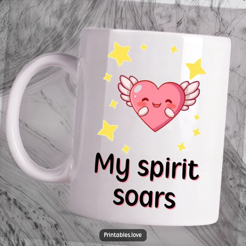 Funny mug depicting a heart character with graceful wings, joyfully soaring through a mystical starry night sky.