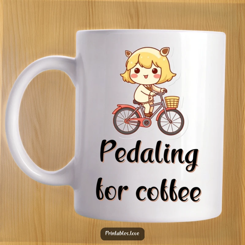 Funny Kawaii mug showing a cute character happily riding a bicycle with a basket full of flowers, radiating joy.
