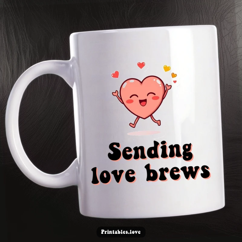 Funny mug with a small, round heart character joyfully leaping in the air and blowing kissy emojis, radiating love and happiness.