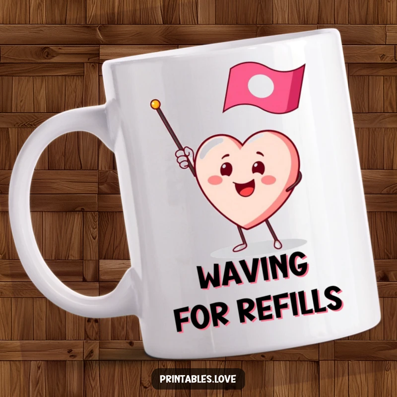 Funny mug depicting a smiling heart character enthusiastically waving a small, colorful flag, radiating cheerfulness.