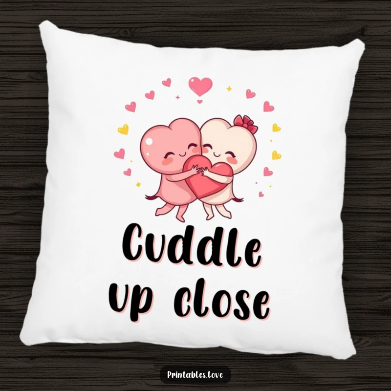 Funny pillow with two heart characters joyfully hugging, surrounded by sparkles, offering comfort and humorous affection.
