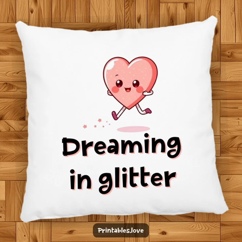 Funny pillow featuring a happy heart character skipping, leaving a trail of gentle sparkles. Soft, decorative, and full of joy.