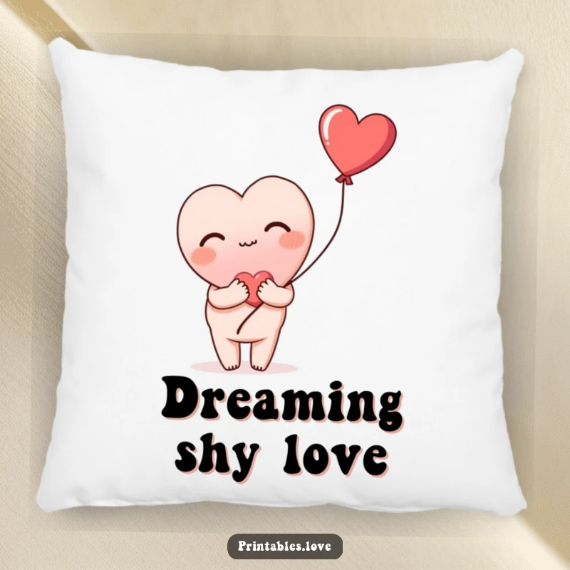 Funny pillow featuring a heart blushing shyly and holding a heart balloon, perfect for adding humorous comfort to decor.