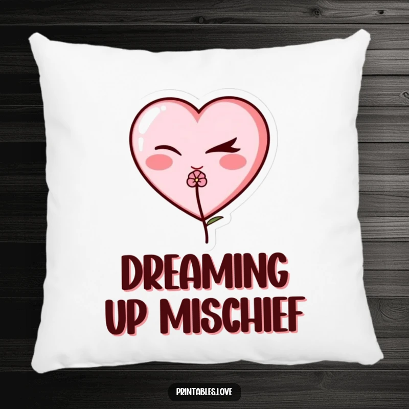 Funny winking heart pillow, a cute heart character with a sly wink, holding a tiny flower, offering comfort and humor.