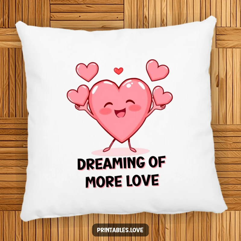 Funny pillow showcasing a gleeful heart character enthusiastically juggling small hearts, perfect for adding comfort and fun.