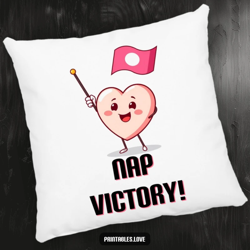 Funny pillow showcasing a smiling heart character enthusiastically waving a miniature flag, adding cheer to any room.
