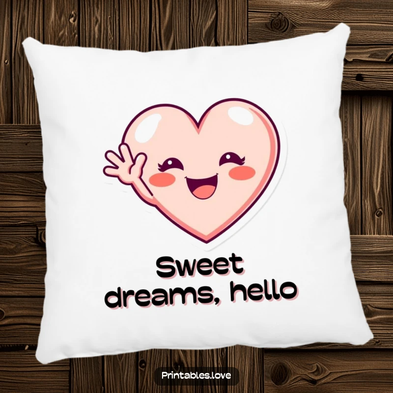 Funny pillow featuring a heart with an excited grin waving hello, perfect for adding humorous comfort to decor.