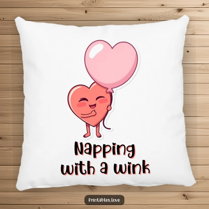 Funny pillow design of a heart character giving a playful wink and holding a slightly deflated balloon, adding a humorous touch.