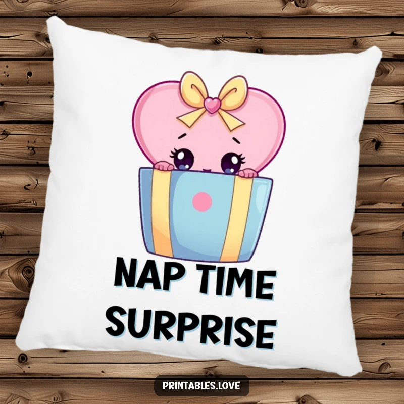 Funny pillow showcasing a curious heart character peeking with wide eyes from behind a large, colorful gift box.