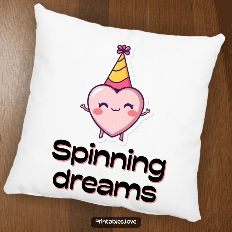 Funny pillow showcasing a tiny heart wearing a party hat, spinning with ecstatic energy, adding cheer to any room.
