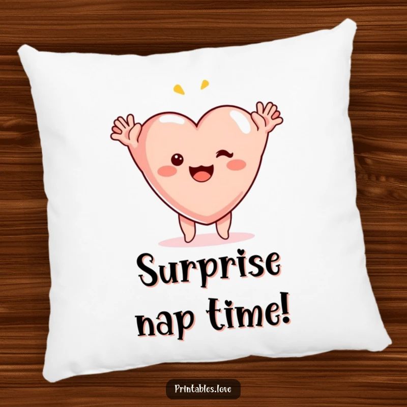 Funny surprise heart pillow, a cuddly heart character comically flinging its arms up in pure, happy astonishment.