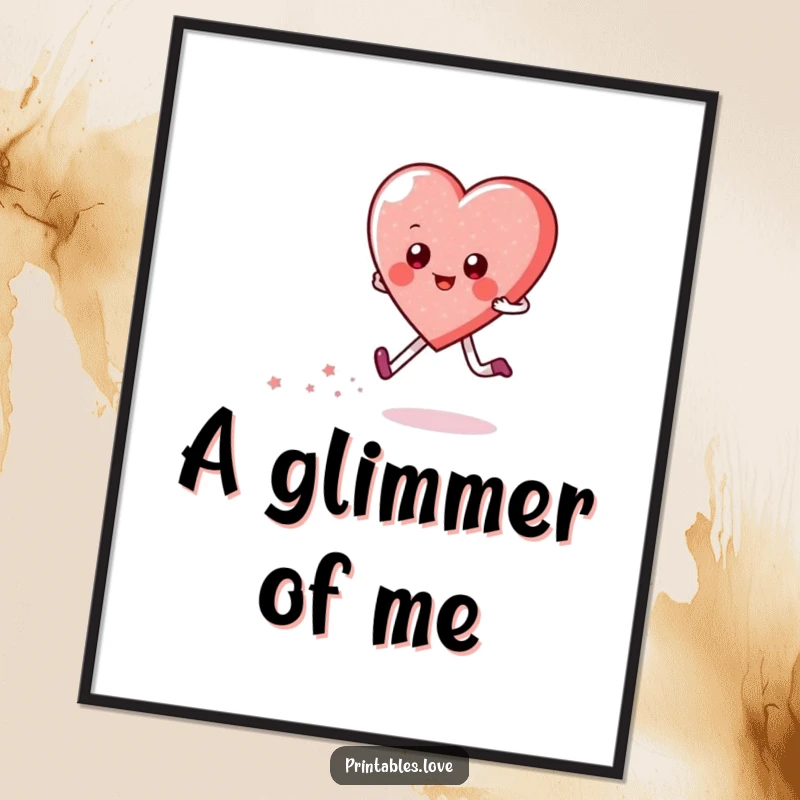 Funny digital art print of a happy heart character skipping, leaving a trail of magical sparkles. Instant cheerful artwork.