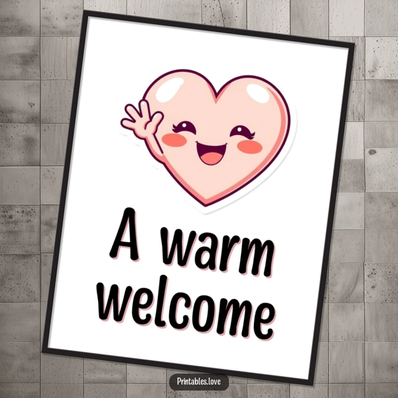 Funny digital art print of a heart with an excited grin waving hello, bringing cheerful greetings and humor to any space.