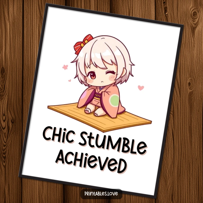 Funny Kawaii kimono digital art print, a cute character playfully tripping over a mat, adorable.