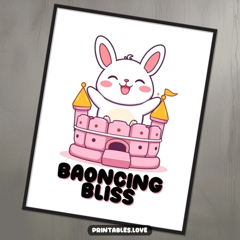 Funny bao bun digital art print showing a grinning character bouncing on a bouncy castle, ideal for instant playful wall decor.