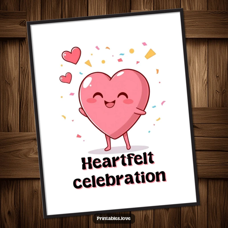 Funny digital art print with a smiling, plump heart character enthusiastically throwing confetti into the air, adding festivity to decor.