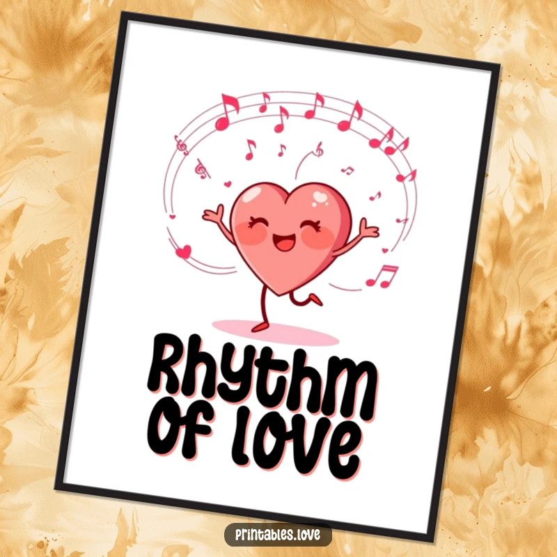 Funny digital art print of a heart character happily dancing with swirling musical notes, perfect for instant decor celebrating music and joy.