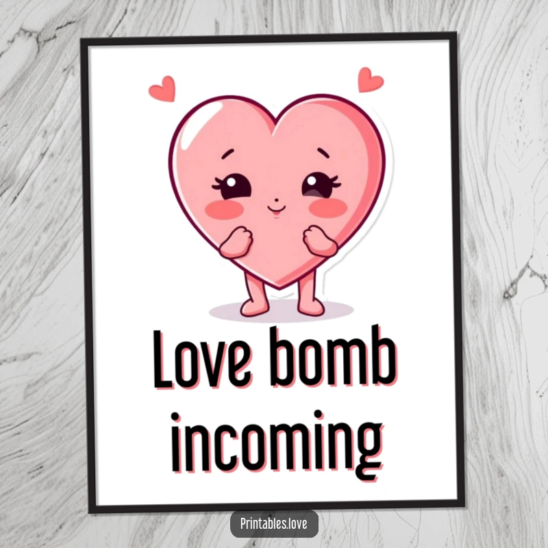 Funny heart character digital art print, playfully blowing a kiss with cheeks puffed out, conveying sweet affection and cheerful vibes.