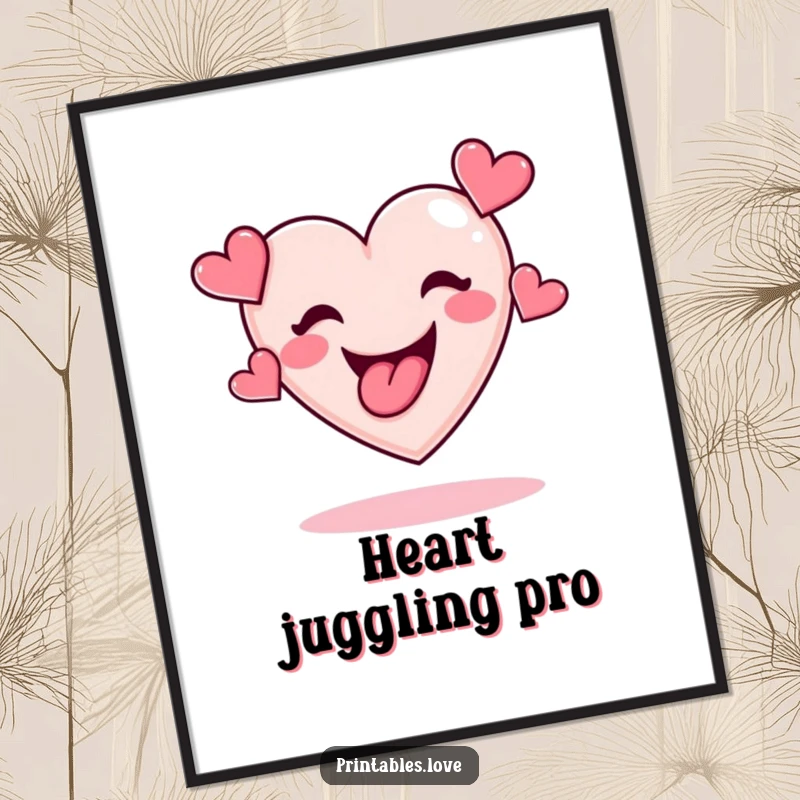 Funny digital art print of a heart with tongue out, energetically juggling a cluster of smaller hearts, full of life.