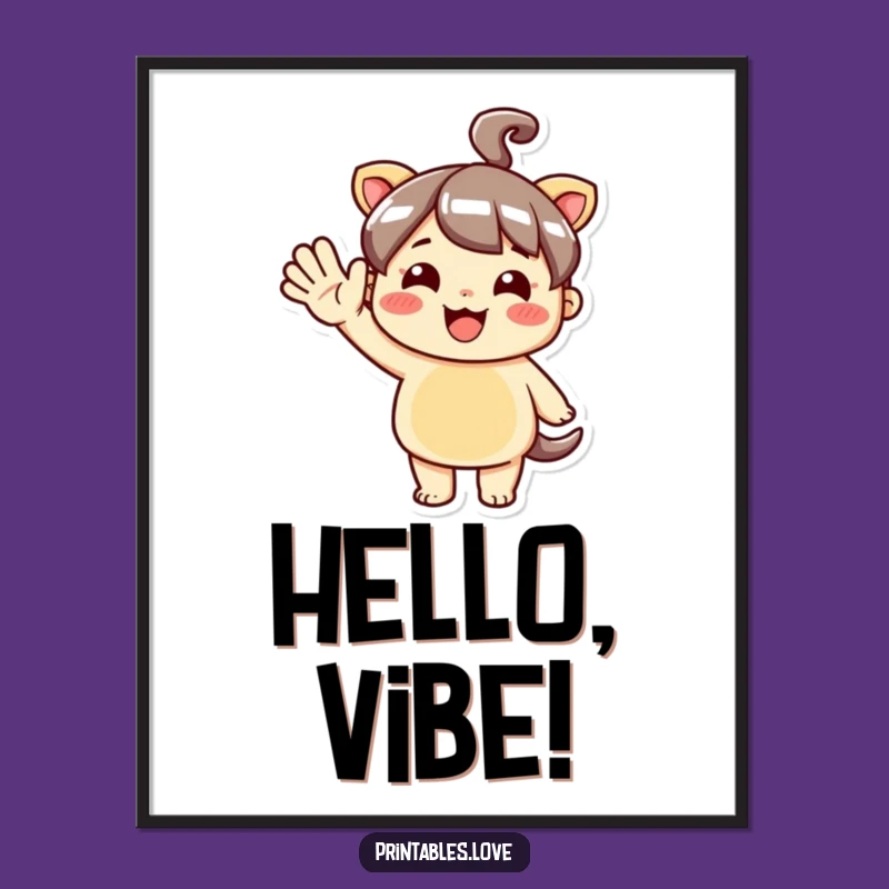 Funny Kawaii Hello Digital Art Print: Joyful Character Greeting Decor